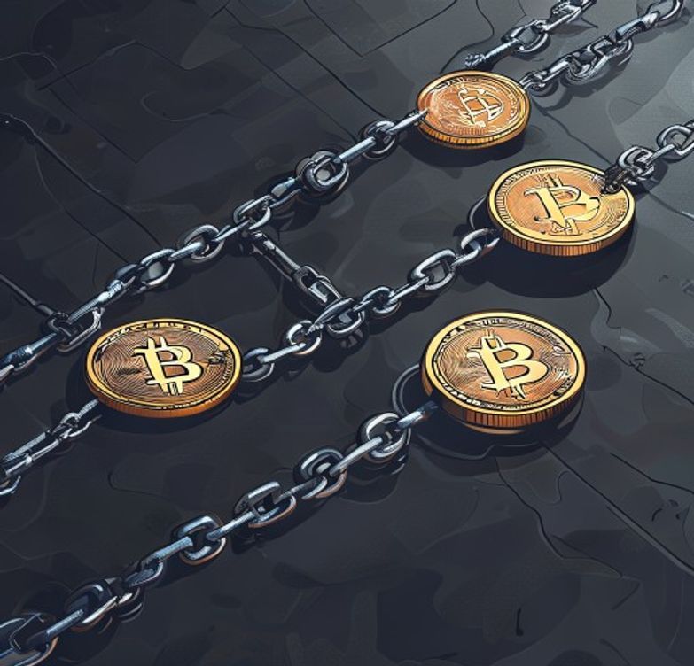 신뢰가 필요 없는 아토믹 스왑 교환을 나타내는 체인 링크로 연결된 Bitcoin과 Monero 코인 심볼